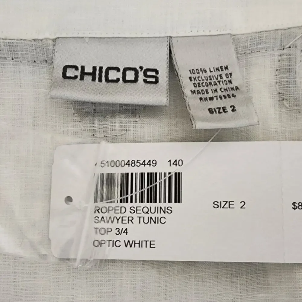 Chico’s Sawyer Optic White Sequin‎ Swimsuit Coverup Linen Tunic Size 2/Large